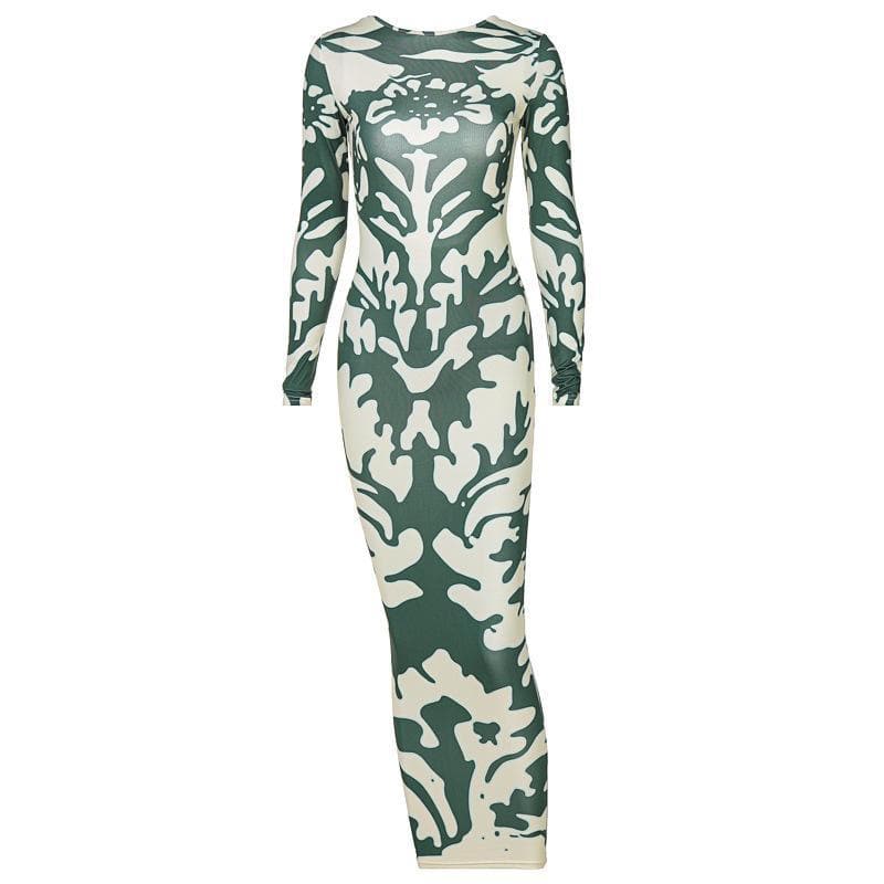 Long sleeve backless print midi dress - Halibuy