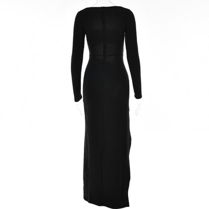 BerryBetty - Long sleeve solid hollow out ruched slit knotted midi dress