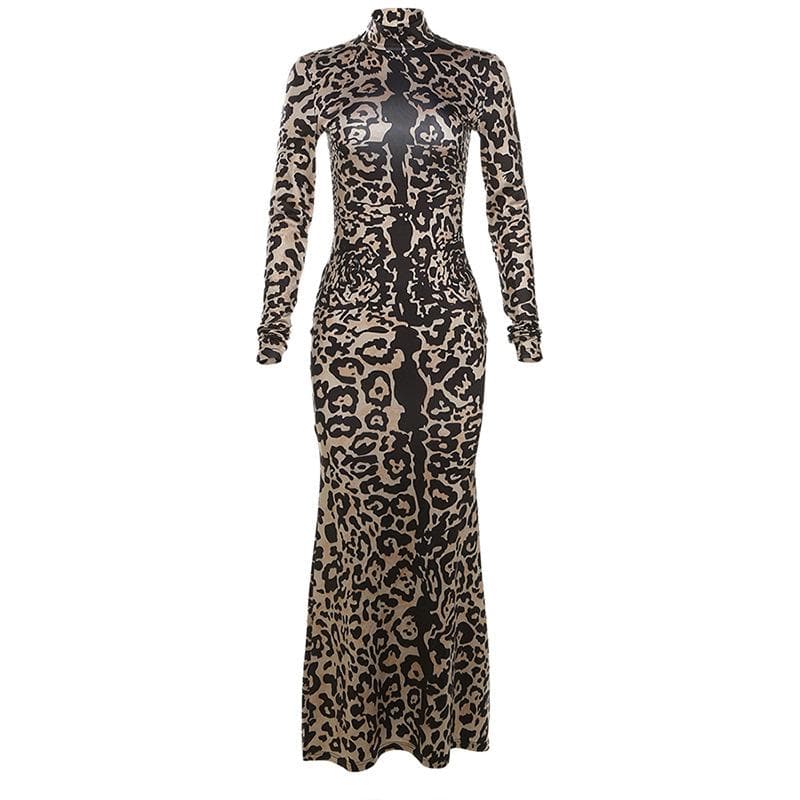 BerryBetty - Leopard print contrast high neck long sleeve maxi dress