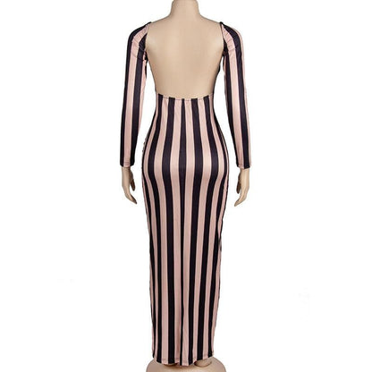 BerryBetty - Striped print backless long sleeve contrast round neck maxi dress