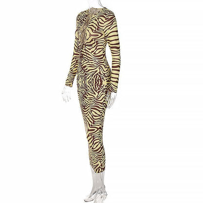 BerryBetty - Long sleeve lace up zebra print midi dress