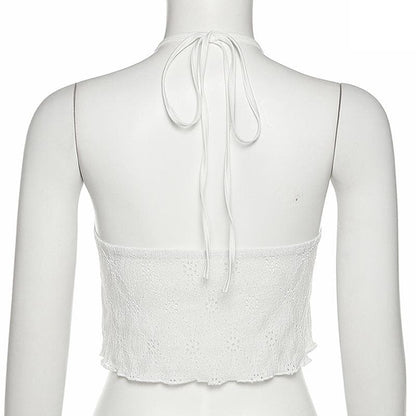 BerryBetty - Backless self tie textured halter sleeveless ruffle crop top