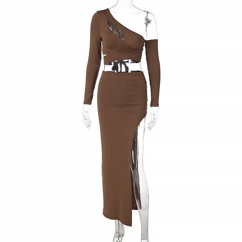 Asymmetrical solid long sleeve self tie skirt set - Halibuy