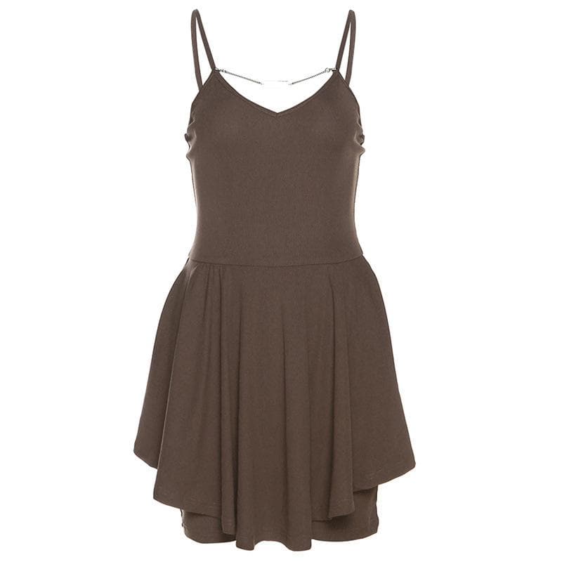 BerryBetty - Metal chain v neck solid ruched backless cami mini dress