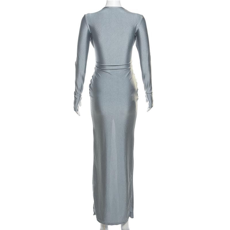 BerryBetty - Knotted slit solid long sleeve ruched maxi dress