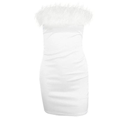 BerryBetty - Feather off shoulder solid backless tube dress