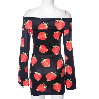 BerryBetty - Off shoulder long sleeve strawberry print contrast mini dress