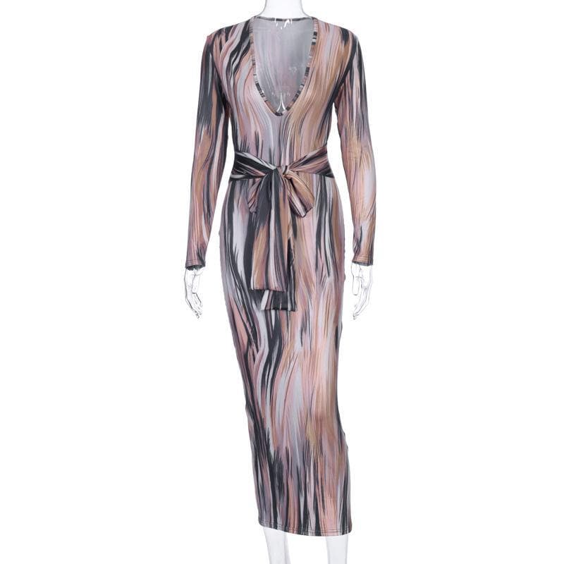 Long sleeve deep v neck knotted print maxi dress - Halibuy