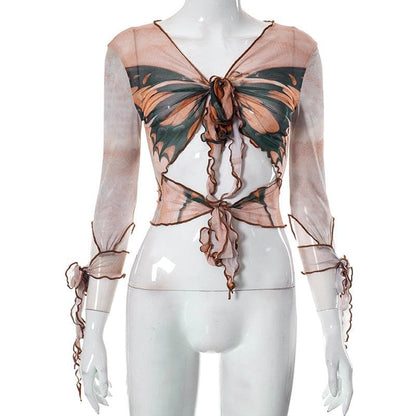 BerryBetty - Butterfly print sheer mesh see through long sleeve ruffle self tie crop top