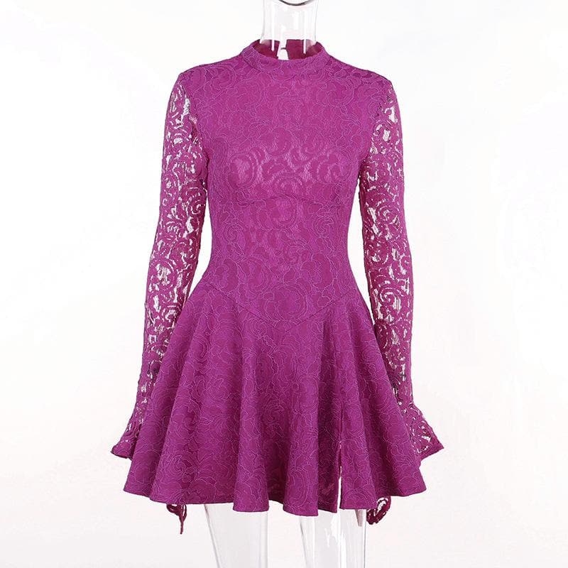 BerryBetty - Lace hem long sleeve zip-up lace up backless solid ruffle mini dress