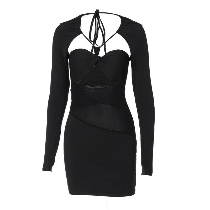 BerryBetty - Long sleeve mesh irregular solid halter hollow out mini dress