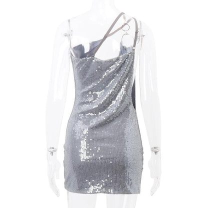 BerryBetty - One shoulder irregular glitter low cut o ring ruched mini dress