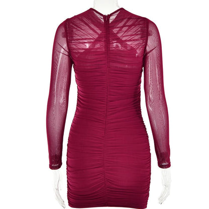 BerryBetty - Cross front mesh ruched zip-up long sleeve solid mini dress