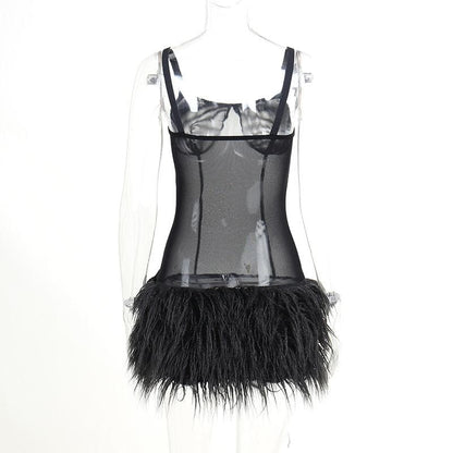 BerryBetty - Mesh see through feather sleeveless backless mini dress