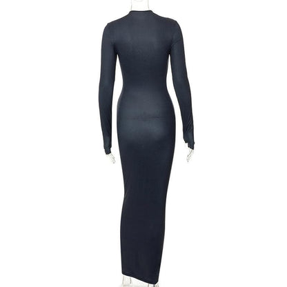 BerryBetty - Contrast body pattern crewneck gloves long sleeve maxi dress