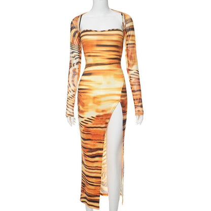 BerryBetty - Tiger print long sleeve contrast slit shrug cami midi dress