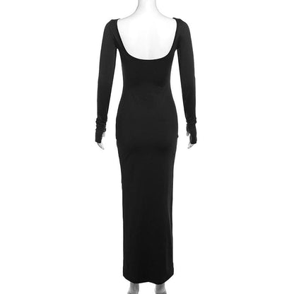 BerryBetty - Ruched long sleeve solid gloves round neck maxi dress