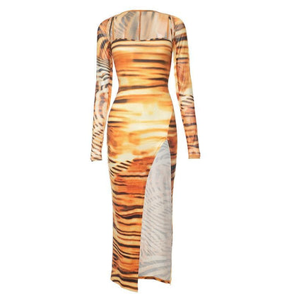 BerryBetty - Tiger print long sleeve contrast slit shrug cami midi dress