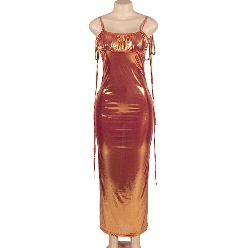 BerryBetty - Metallic ruched backless self tie square neck maxi dress