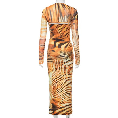BerryBetty - Tiger print long sleeve contrast slit shrug cami midi dress