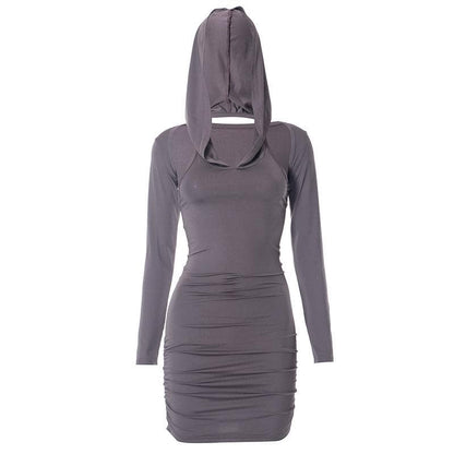 BerryBetty - Hoodie ruched shrug long sleeve solid mini dress