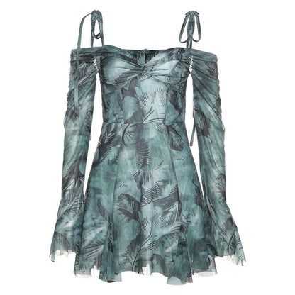 BerryBetty - Long sleeve tie dye off shoulder ruched sweetheart neck self tie backless mini dress