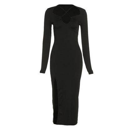 BerryBetty - Cross front long sleeve slit notch neck solid midi dress