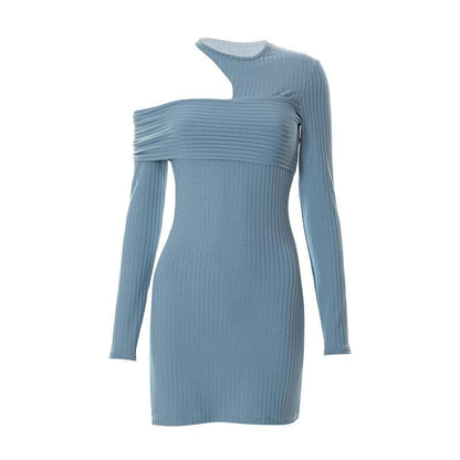 BerryBetty - Irregular off shoulder ribbed solid ribbed long sleeve mini dress