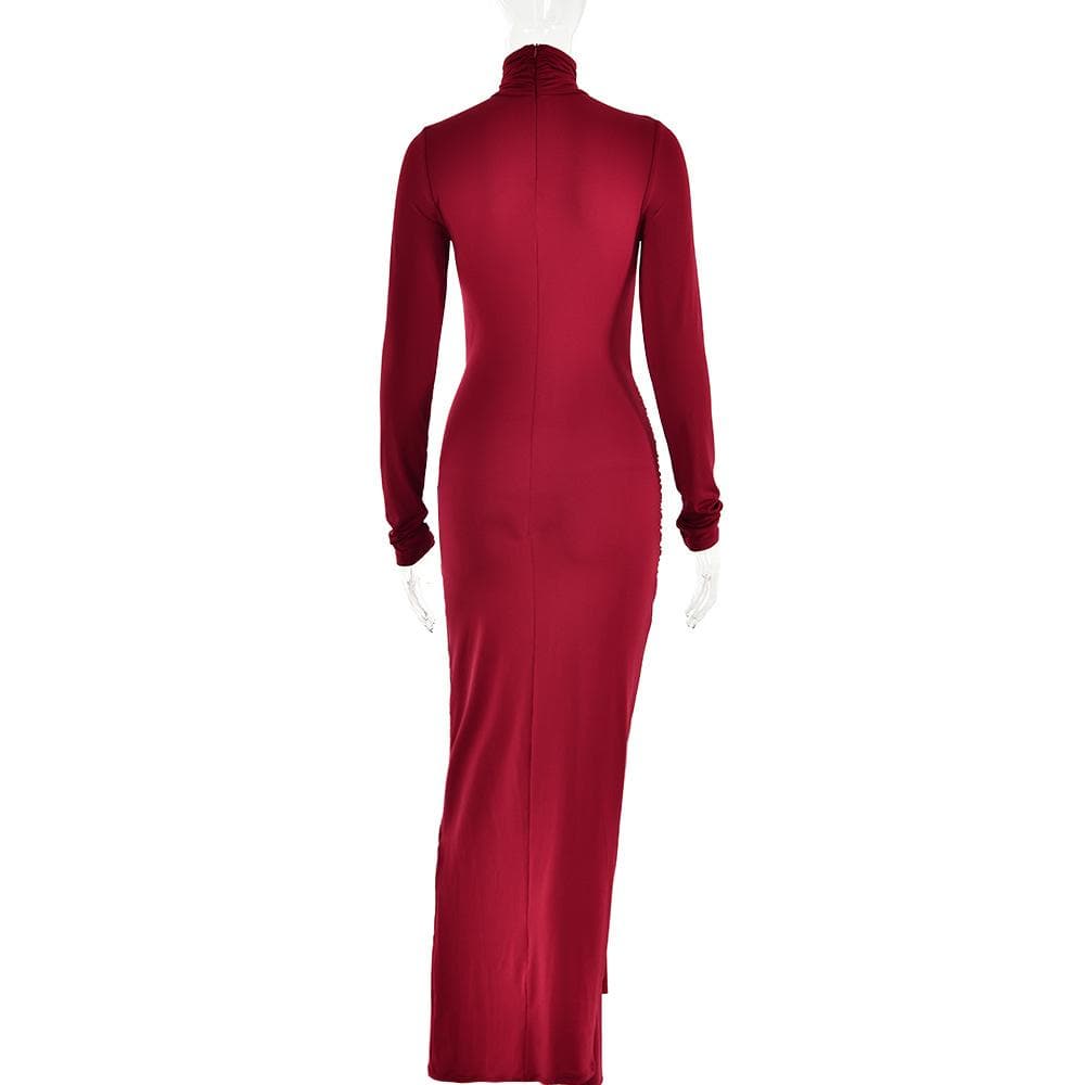 BerryBetty - Ruched solid long sleeve turtle neck self tie maxi dress