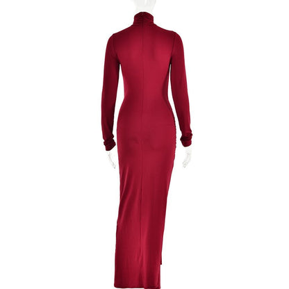 BerryBetty - Ruched solid long sleeve turtle neck self tie maxi dress