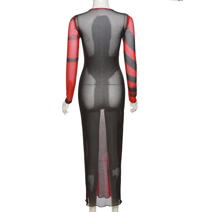 BerryBetty - Long sleeve contrast sheer mesh see through midi dress