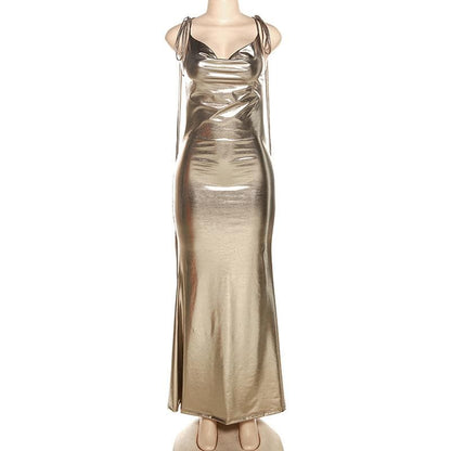 BerryBetty - Metallic cowl neck cross back self tie ruched maxi dress