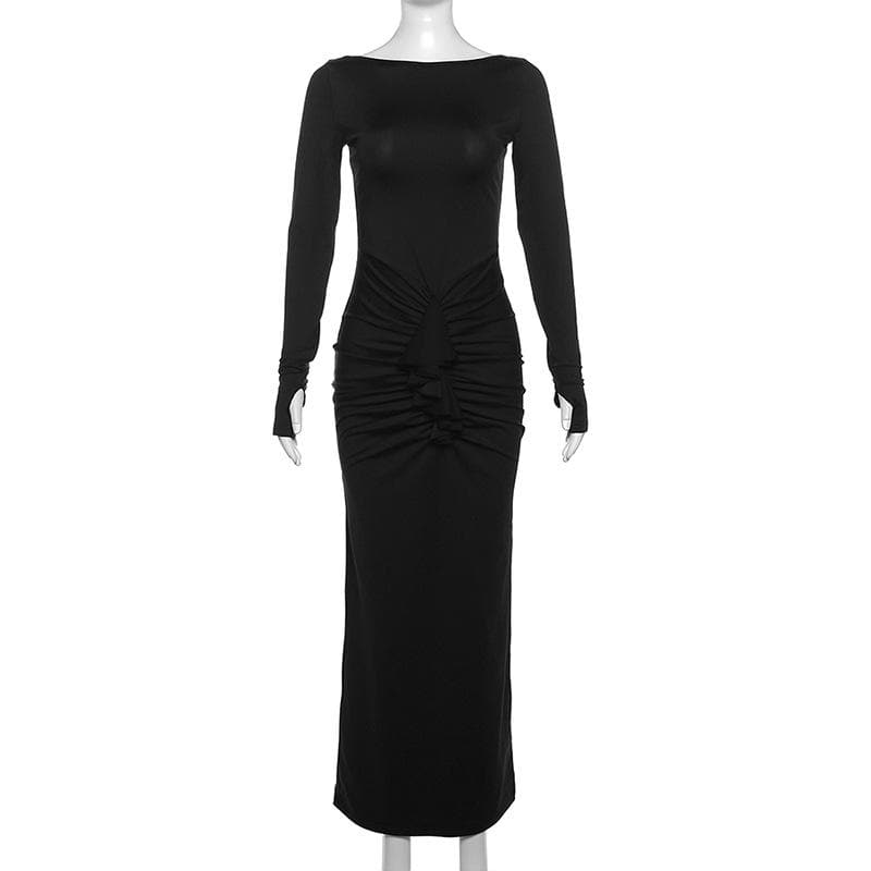 BerryBetty - Ruched long sleeve solid gloves round neck maxi dress