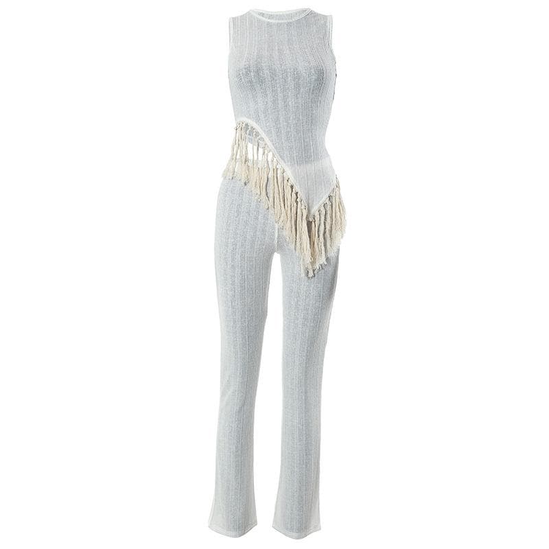 BerryBetty - Irregular sleeveless textured crewneck tassels solid pant set