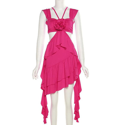 BerryBetty - Ruffle solid hollow out flower applique sleeveless irregular mini dress