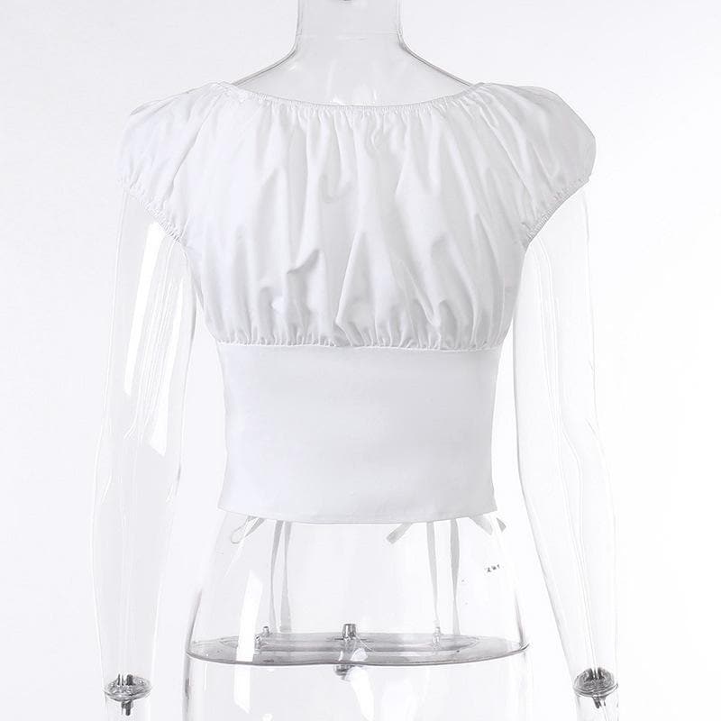 BerryBetty - Button cap sleeve solid ruched square neck crop top