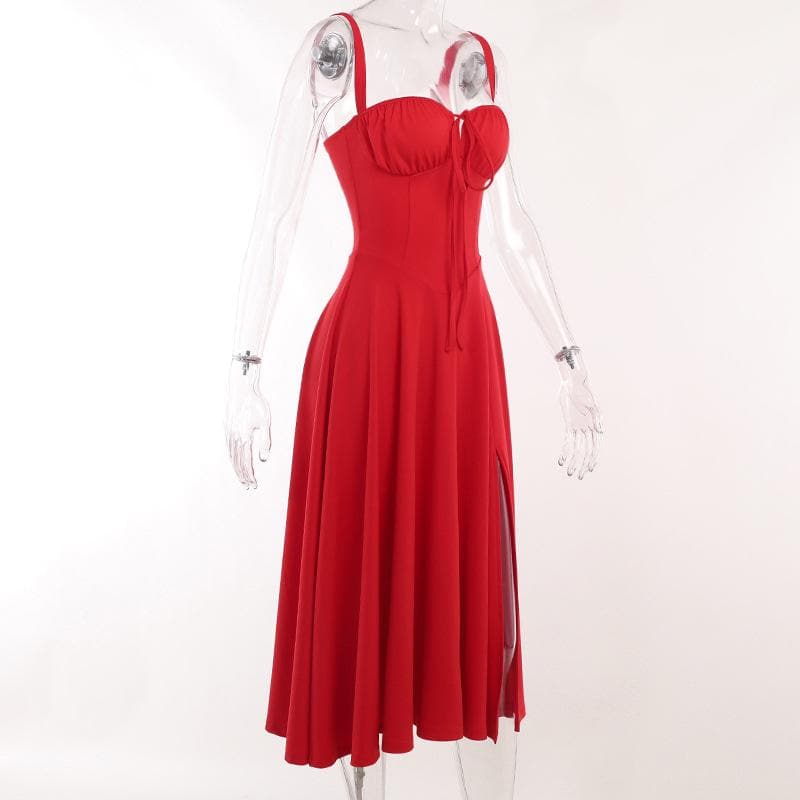 BerryBetty - Ruched solid sweetheart neck slit sleeveless midi dress