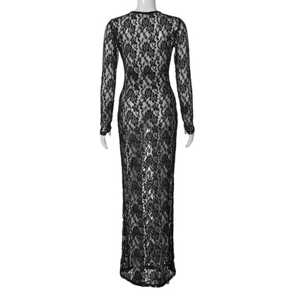 BerryBetty - Lace see through long sleeve solid crewneck maxi dress