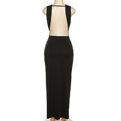 BerryBetty - Sleeveless v neck solid slit knotted backless midi dress