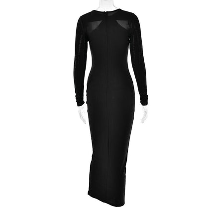 BerryBetty - Long sleeve beaded zip-up hollow out patchwork maxi dress