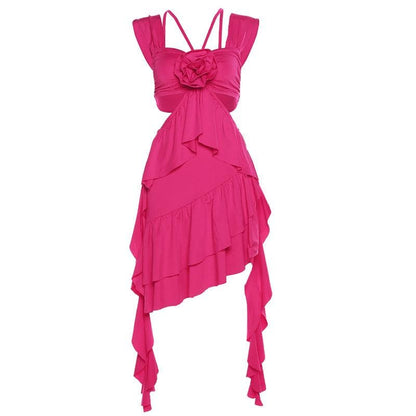 BerryBetty - Ruffle solid hollow out flower applique sleeveless irregular mini dress