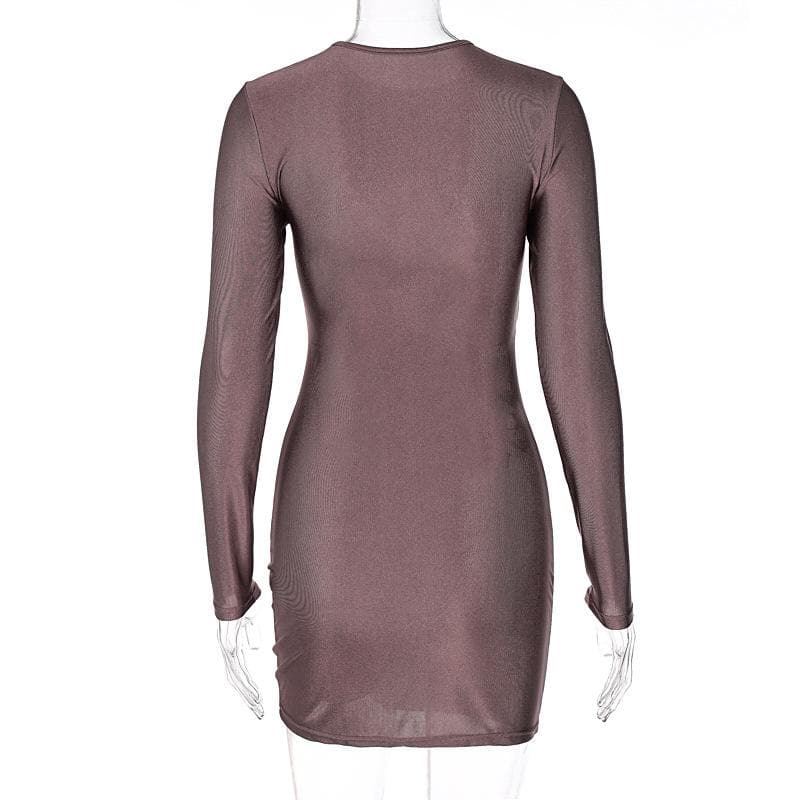 BerryBetty - Long sleeve solid ruched o ring hollow out mini dress