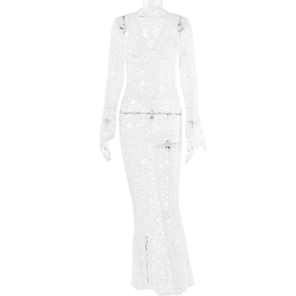 BerryBetty - Lace see through long sleeve v neck solid maxi dress