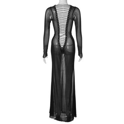 BerryBetty - Long sleeve lace up sheer mesh see through maxi dress
