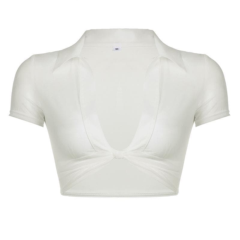 BerryBetty - Knotted short sleeve turnover collar sheer mesh see through crop top