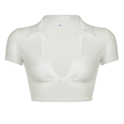 BerryBetty - Knotted short sleeve turnover collar sheer mesh see through crop top