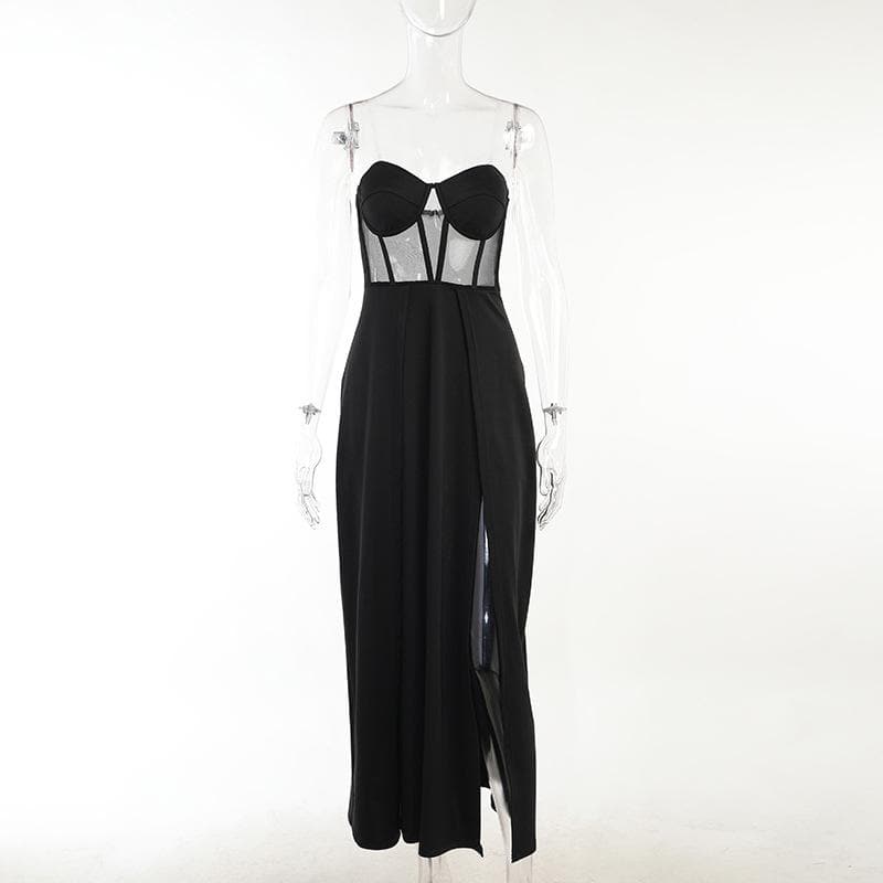 BerryBetty - Mesh heart neck high slit pleated tube maxi dress