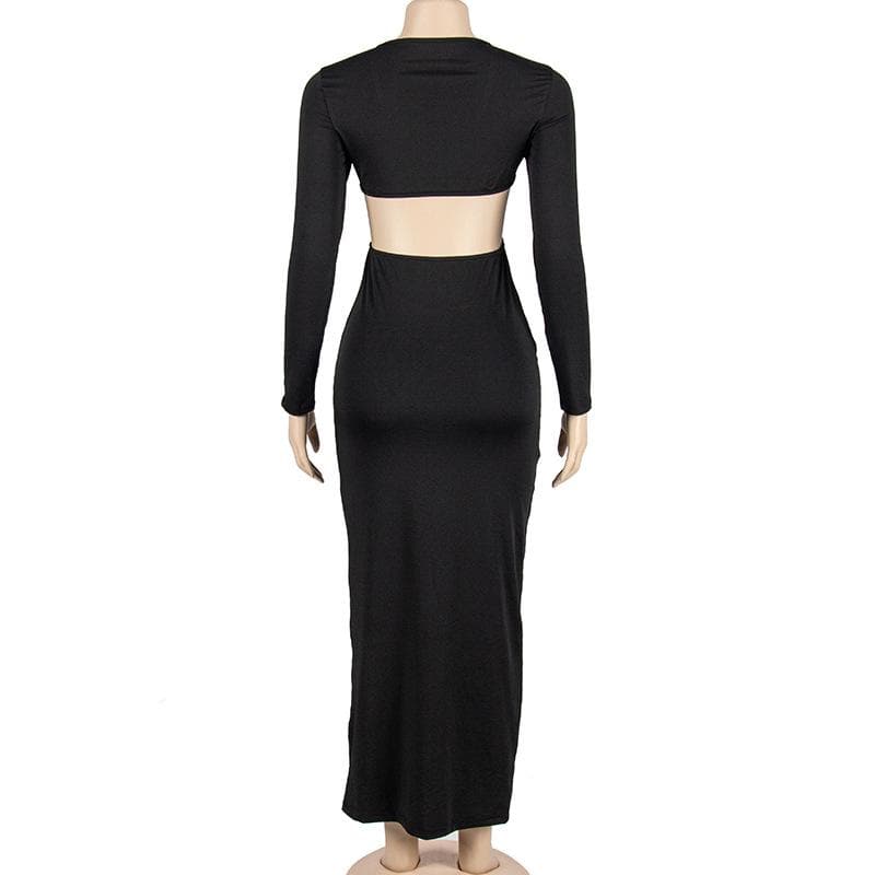 BerryBetty - Solid o ring long sleeve v neck hollow out maxi dress