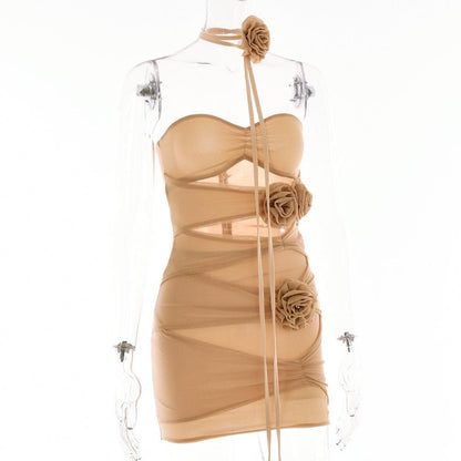 BerryBetty - Sheer mesh hollow out flower applique zip-up solid tube mini dress