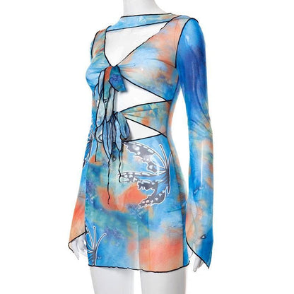 BerryBetty - Sheer mesh long sleeve print hollow out dress